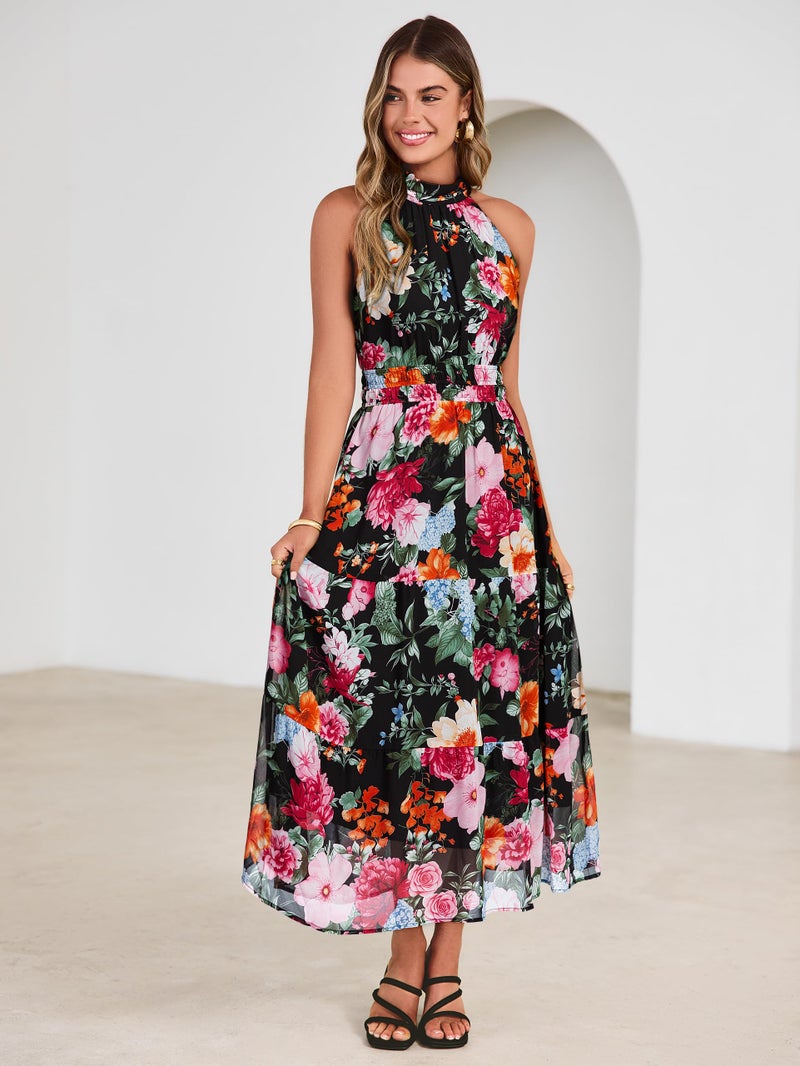 Simplee Womens Summer Halter Wedding Guest Dress Maxi Floral Vacation Boho Sundresses Flowy Formal Long Travel Dresses 2026(X-Large,Black) - Image 5