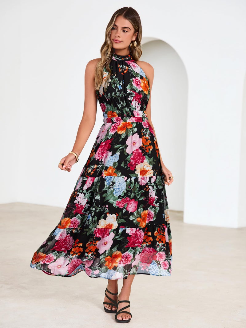 Simplee Womens Summer Halter Wedding Guest Dress Maxi Floral Vacation Boho Sundresses Flowy Formal Long Travel Dresses 2026(X-Large,Black) - Image 4