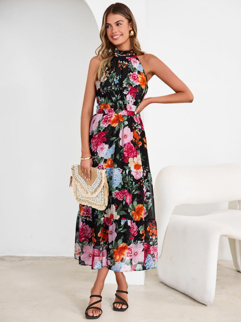 Simplee Womens Summer Halter Wedding Guest Dress Maxi Floral Vacation Boho Sundresses Flowy Formal Long Travel Dresses 2026(X-Large,Black) - Image 2