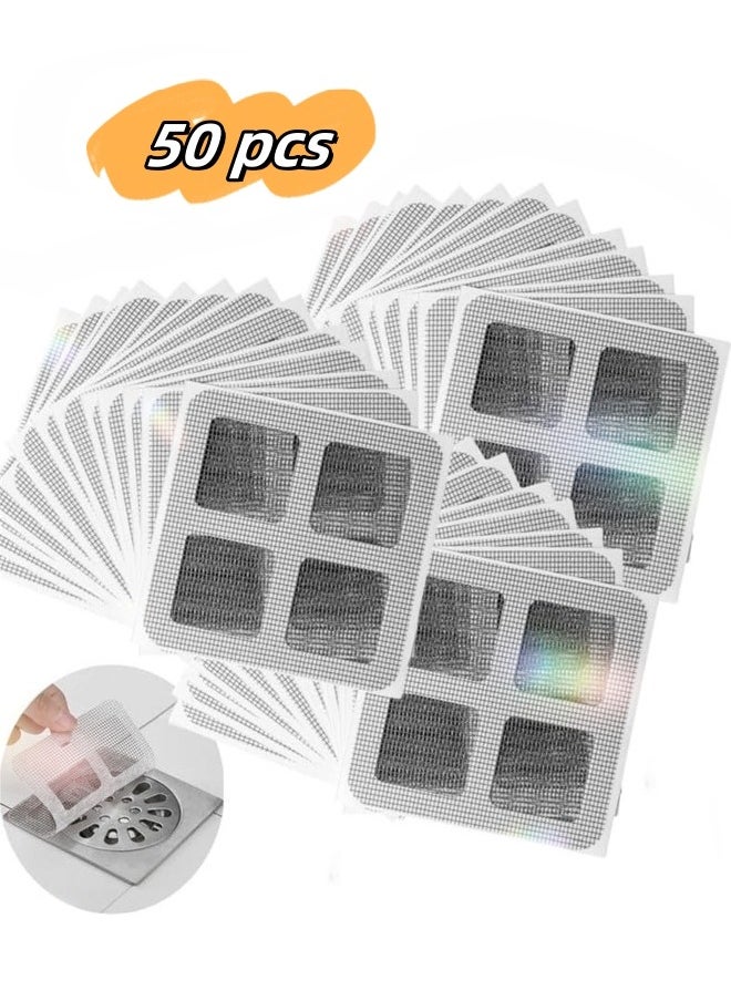 BUPY 50 Pcs Shower Drain Cover Hair Catcher/Shower Drain Mesh Sticker/Laundry,Bathroom, Kitchen, Sink, Drain, Adhesive Window Screen Repair Tape Kit  - Image 1