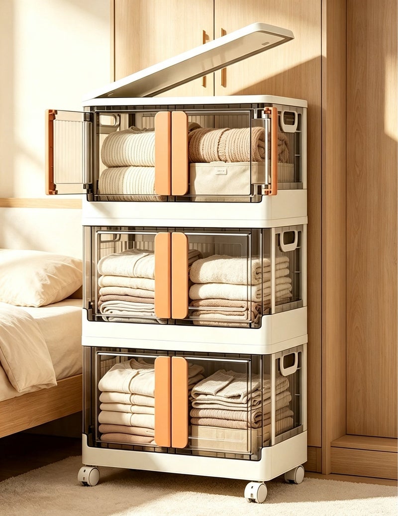 dida-cosmos Foldable Plastic Storage Box 3 layers With Wheels and Doors,XLarge Storage Bin with Lid Organizers Stackable Storage Bins, Closet Organizers Double Door Magnetic with Universal Pulley - Image 2