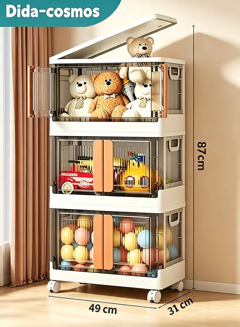 dida-cosmos Foldable Plastic Storage Box 3 layers With Wheels and Doors,XLarge Storage Bin with Lid Organizers Stackable Storage Bins, Closet Organizers Double Door Magnetic with Universal Pulley - Image 1
