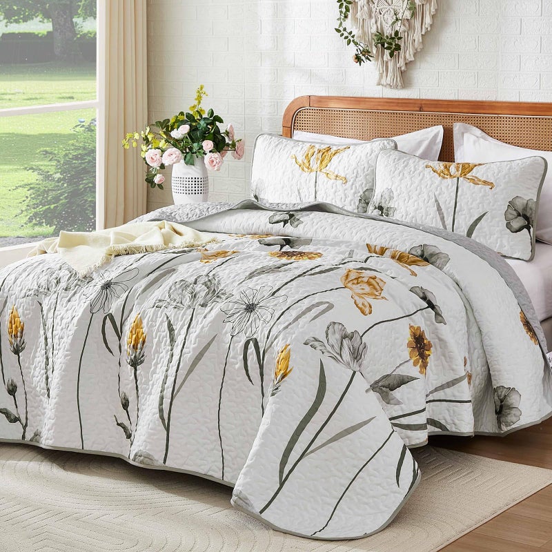 WONGS BEDDING Floral Quilt Set Queen,Grey and Yellow Bedspread Coverlet Bedding Set with 2 Pillowcase,Spring Summer Lightweight Floral Bedding Set for All Season (96"x90") - Image 2