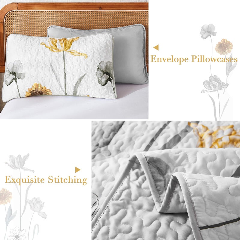 WONGS BEDDING Floral Quilt Set Queen,Grey and Yellow Bedspread Coverlet Bedding Set with 2 Pillowcase,Spring Summer Lightweight Floral Bedding Set for All Season (96"x90") - Image 5