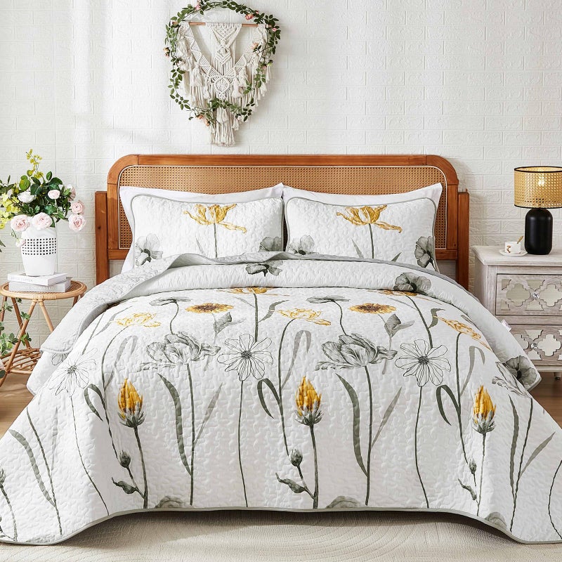 WONGS BEDDING Floral Quilt Set Queen,Grey and Yellow Bedspread Coverlet Bedding Set with 2 Pillowcase,Spring Summer Lightweight Floral Bedding Set for All Season (96"x90") - Image 1