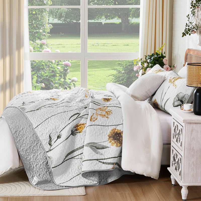 WONGS BEDDING Floral Quilt Set Queen,Grey and Yellow Bedspread Coverlet Bedding Set with 2 Pillowcase,Spring Summer Lightweight Floral Bedding Set for All Season (96"x90") - Image 3