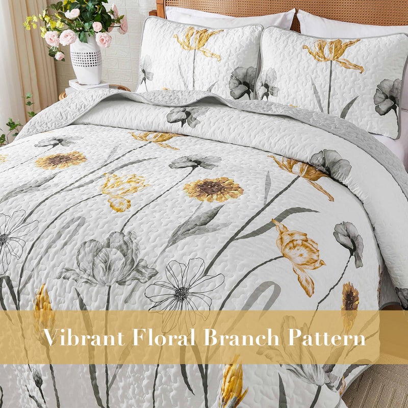 WONGS BEDDING Floral Quilt Set Queen,Grey and Yellow Bedspread Coverlet Bedding Set with 2 Pillowcase,Spring Summer Lightweight Floral Bedding Set for All Season (96"x90") - Image 4