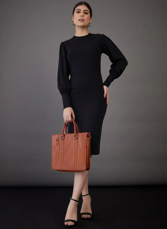 Black High Neck Puff Sleeves Sheath Dress for Women