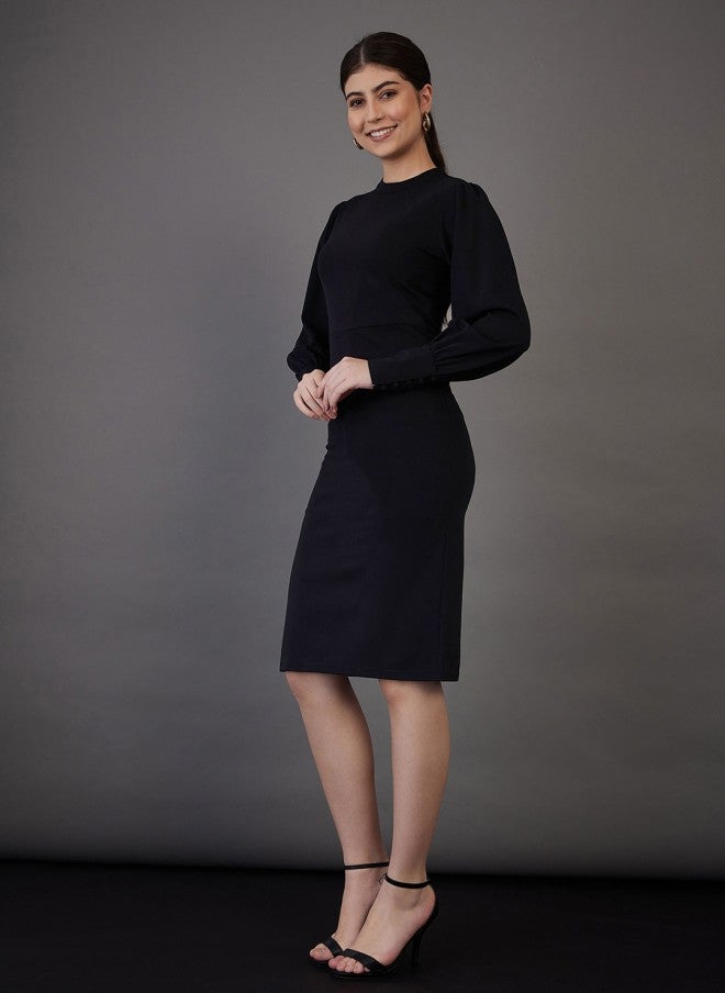 ساسافراس فستان نسائي أسود بياقة عالية وأكمام منتفخة - Image 3