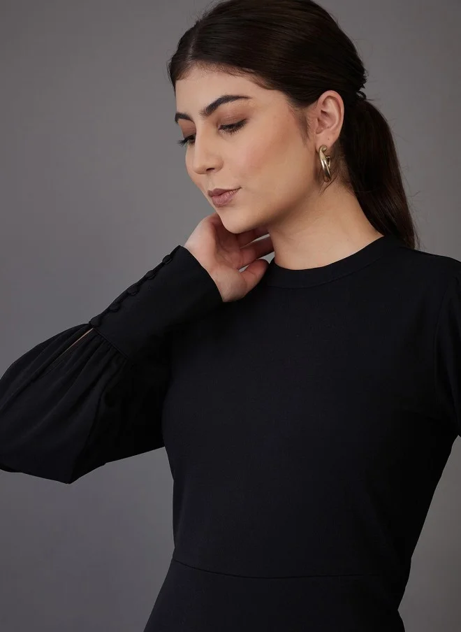 SASSAFRAS Black High Neck Puff Sleeves Sheath Dress for Women