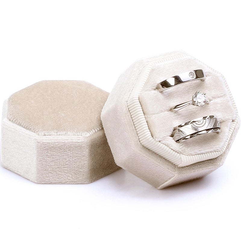 WantGor Velvet Ring Box, 3 Slots Jewelry Ring Gift Box Vintage Ring Display Holder Case for Wedding Ceremony Proposal Engagement (Beige) - Image 1