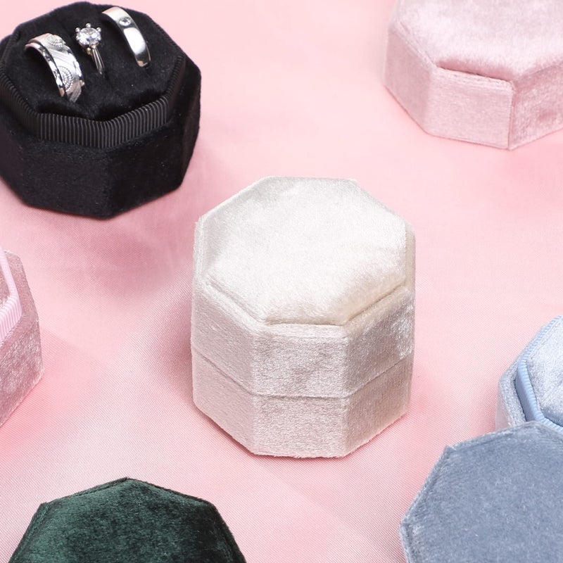 WantGor Velvet Ring Box, 3 Slots Jewelry Ring Gift Box Vintage Ring Display Holder Case for Wedding Ceremony Proposal Engagement (Beige) - Image 5