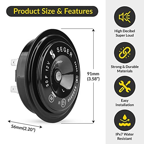 SEGER Disc Horn - 50F Series, 12V, Low Tone, Waterproof, Universal Fit, Loud Truck Horn with Mounting Bracket - Image 5