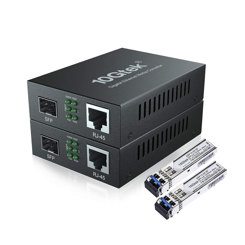 [2 Pack] Gigabit Ethernet Media Converter with a 1Gb SFP LX LC Singlemode Module, 10/100/1000M RJ45 to 1000Base-LX, up to 20km, with a British Power Supply - Image 1