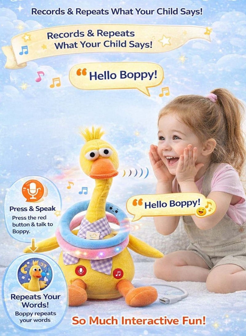 boppy Premium Talking Dancing Yellow Duck Plush Toy for Kids Rechargeable Musical Duck with Voice Recording & Voice Repeat Function Singing Swinging Twisting Interactive Plush Toy with Music, Movement & Soft Play Rings Baby Educational Learning Toy & Gift for Baby Boys and Girls Toddlers & Children Ages 3+ - Image 4