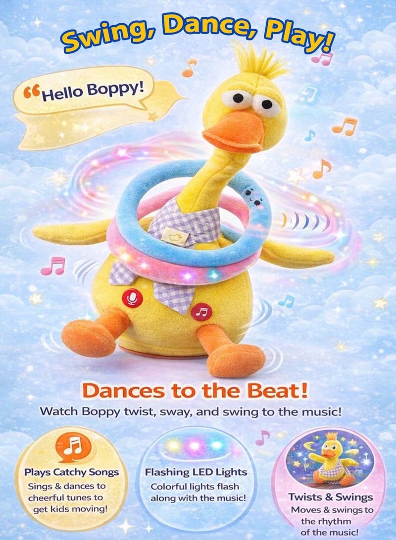 boppy Premium Talking Dancing Yellow Duck Plush Toy for Kids Rechargeable Musical Duck with Voice Recording & Voice Repeat Function Singing Swinging Twisting Interactive Plush Toy with Music, Movement & Soft Play Rings Baby Educational Learning Toy & Gift for Baby Boys and Girls Toddlers & Children Ages 3+ - Image 5