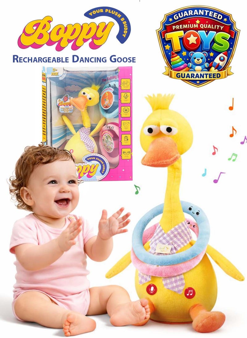 boppy Premium Talking Dancing Yellow Duck Plush Toy for Kids Rechargeable Musical Duck with Voice Recording & Voice Repeat Function Singing Swinging Twisting Interactive Plush Toy with Music, Movement & Soft Play Rings Baby Educational Learning Toy & Gift for Baby Boys and Girls Toddlers & Children Ages 3+ - Image 1