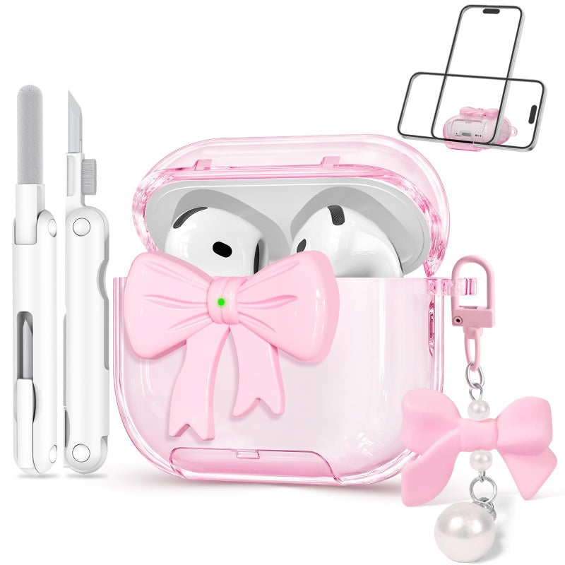 Joremx for Airpods 4 Case Pink 2024 with Safety Lock & Phone Stand, 3D Bow Clear iPod 4 Cases with Cute Keychain & Cleaning Kit, Soft TPU Cover for AirPods 4th Generation Case Girls Women - Image 1