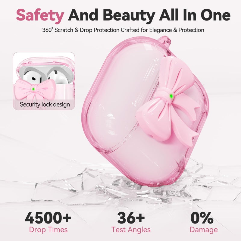 Joremx for Airpods 4 Case Pink 2024 with Safety Lock & Phone Stand, 3D Bow Clear iPod 4 Cases with Cute Keychain & Cleaning Kit, Soft TPU Cover for AirPods 4th Generation Case Girls Women - Image 4