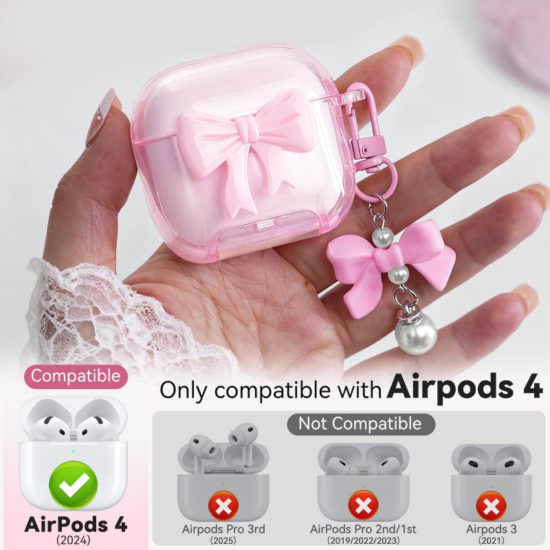 Joremx for Airpods 4 Case Pink 2024 with Safety Lock & Phone Stand, 3D Bow Clear iPod 4 Cases with Cute Keychain & Cleaning Kit, Soft TPU Cover for AirPods 4th Generation Case Girls Women - Image 3