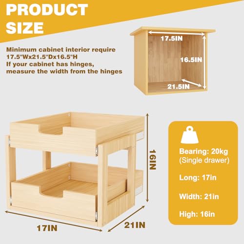Grehitk Pull Out Cabinet Organizer, 17''W×21''D×16''H Soft Close Slide Out Wooden Pull out Drawers, Double Tier Slide out Wood Cabinet Organizer, for Base Cabinet Organization in Kitchen, Pantry, Bathroom - Image 2