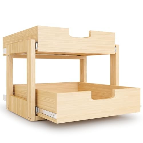 Grehitk Pull Out Cabinet Organizer, 17''W×21''D×16''H Soft Close Slide Out Wooden Pull out Drawers, Double Tier Slide out Wood Cabinet Organizer, for Base Cabinet Organization in Kitchen, Pantry, Bathroom - Image 1