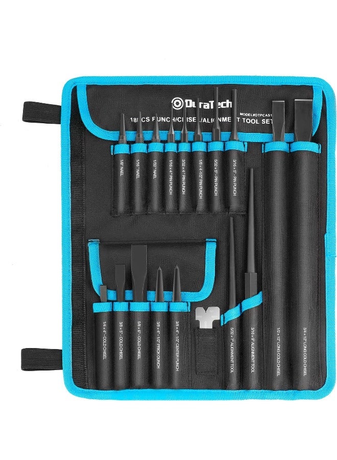 DURATECH 18 Piece Punch/Chisel/Alignment Tool Set, Including Pin Punch, Center Punch, Prick Punch, Nail punch, Alignment Tool, Cold Chisel, Chisel Gauge, for Removing Repair Tool, with Rolling Pouch  - Image 1