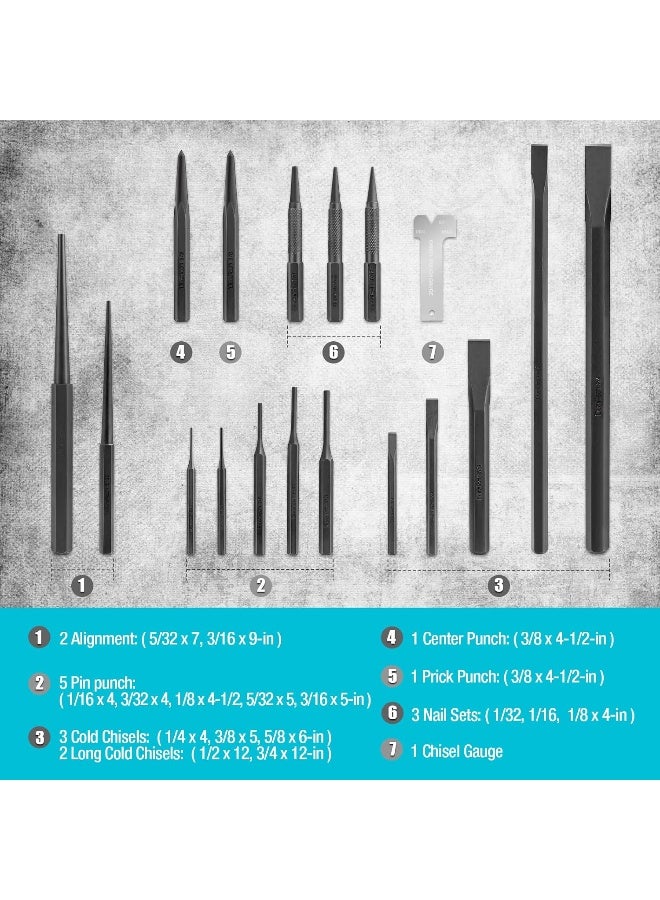 DURATECH 18 Piece Punch/Chisel/Alignment Tool Set, Including Pin Punch, Center Punch, Prick Punch, Nail punch, Alignment Tool, Cold Chisel, Chisel Gauge, for Removing Repair Tool, with Rolling Pouch  - Image 2