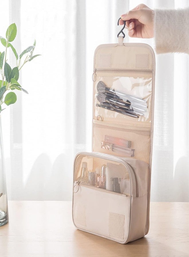 VARENYYA Foldable Travel Toiletry Bag - Waterproof Hanging Cosmetic Organizer with Clear Panel, Portable Makeup Pouch for Shower & Airplane Essentials Beige - Image 2