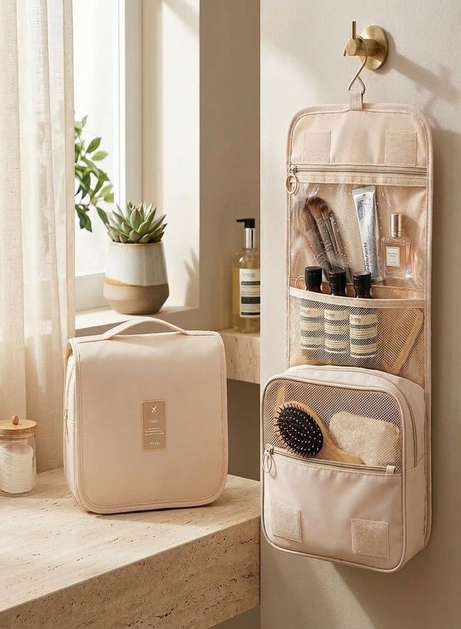 VARENYYA Foldable Travel Toiletry Bag - Waterproof Hanging Cosmetic Organizer with Clear Panel, Portable Makeup Pouch for Shower & Airplane Essentials Beige - Image 1