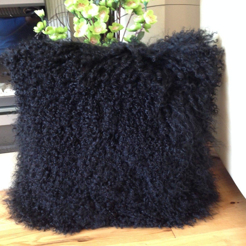 Seek4comfortable Real Tibetan Mongolian Lamb Sheepskin Wool Fur Super Soft Plush Leather Pillowcase Cushion Cover,Black, 20x20 inch - Image 1