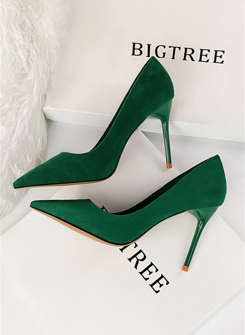BIGTREE 9cm Fashion Simple Fine Heel Suede Shallow Mouth Pointed High-Heeled Shoes For Women Green - Image 2