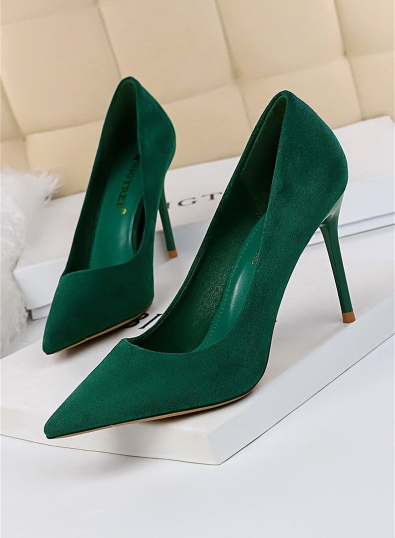 BIGTREE 9cm Fashion Simple Fine Heel Suede Shallow Mouth Pointed High-Heeled Shoes For Women Green - Image 1