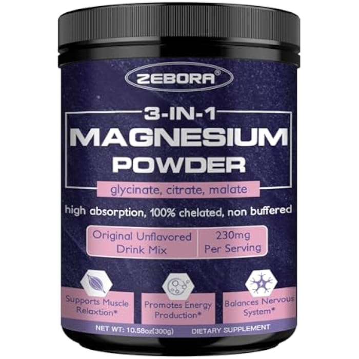 ZEBORA Magnesium Powder for Sleep, Chelated Magnesium Complex Supplement with Glycinate, Citrate and Malate, Unflavored Drink Mix with Electrolytes for Muscle & Brain Health, Vegan, Non-GMO, 10.58oz - Image 1