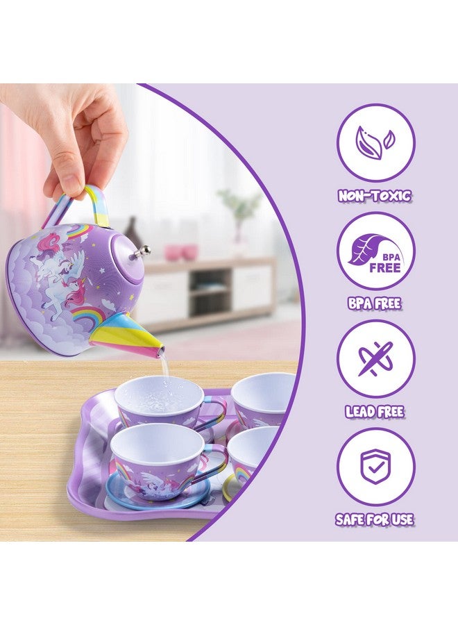 جوين مجموعة حفل شاي يونيكورن من جويين للفتيات الصغيرات، مجموعة إبريق شاي أرجواني من القصدير، لعبة مطبخ وقت الشاي للأميرة مع إبريق شاي وكوب وطبق وحقيبة حمل كهدية عيد ميلاد وعيد الفصح للأطفال الصغار من سن 3 و4 و5 و6 سنوات - Image 4