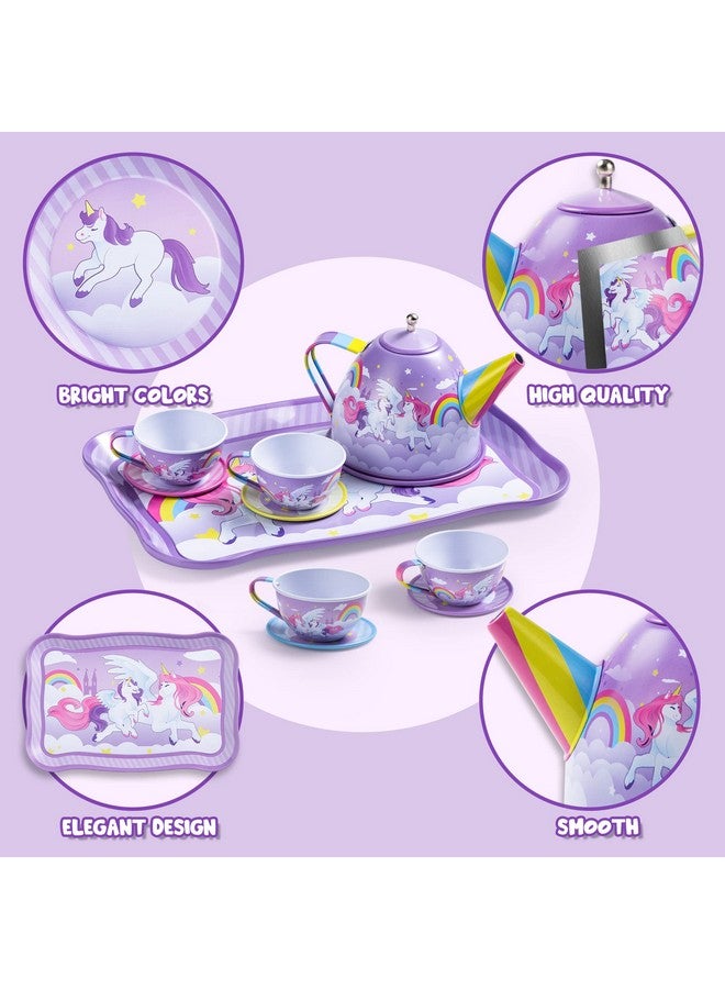جوين مجموعة حفل شاي يونيكورن من جويين للفتيات الصغيرات، مجموعة إبريق شاي أرجواني من القصدير، لعبة مطبخ وقت الشاي للأميرة مع إبريق شاي وكوب وطبق وحقيبة حمل كهدية عيد ميلاد وعيد الفصح للأطفال الصغار من سن 3 و4 و5 و6 سنوات - Image 3