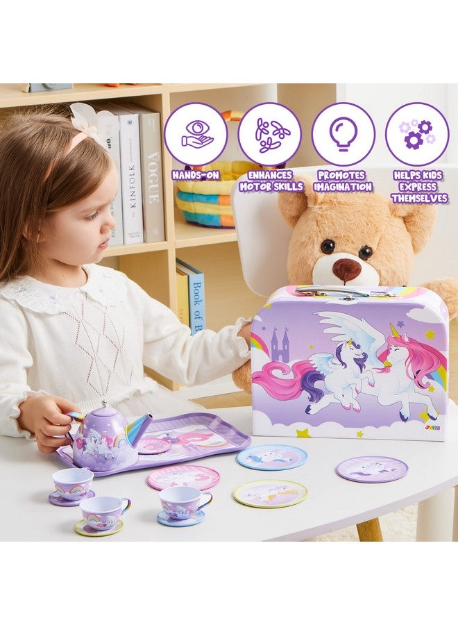 جوين مجموعة حفل شاي يونيكورن من جويين للفتيات الصغيرات، مجموعة إبريق شاي أرجواني من القصدير، لعبة مطبخ وقت الشاي للأميرة مع إبريق شاي وكوب وطبق وحقيبة حمل كهدية عيد ميلاد وعيد الفصح للأطفال الصغار من سن 3 و4 و5 و6 سنوات - Image 5
