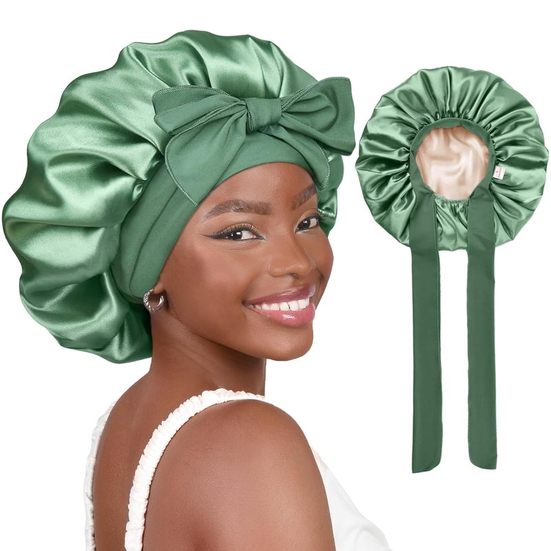 يانيبست Large Jumbo Satin Hair Bonnets for Sleeping Double Layer Satin Lined Shower Cap for Women Men Cap for Curly Natural Hair,Green - Image 1