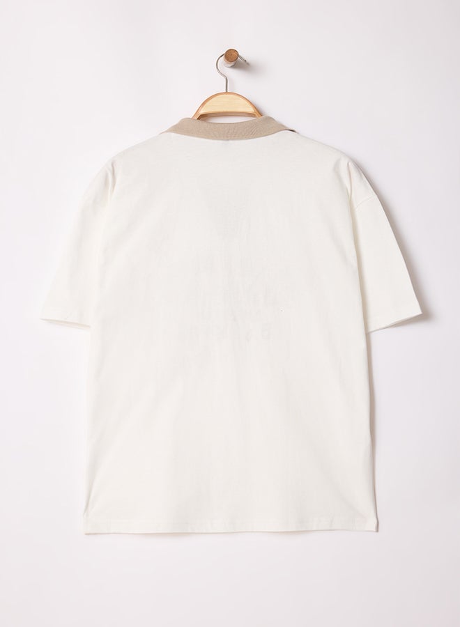 trendyol Limited Edition Ecru Oversize/Wide Cut Special Embroidered Polo Neck T-shirt - Image 5