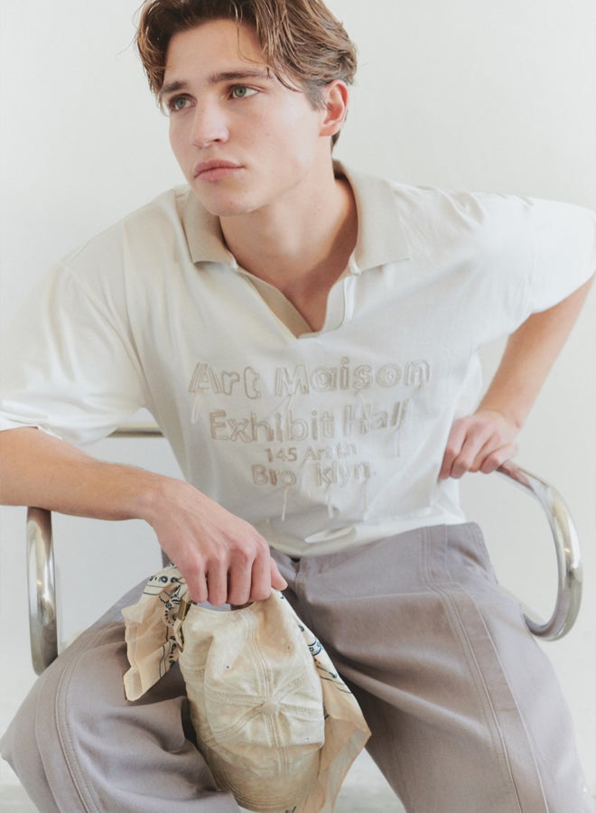 trendyol Limited Edition Ecru Oversize/Wide Cut Special Embroidered Polo Neck T-shirt - Image 2