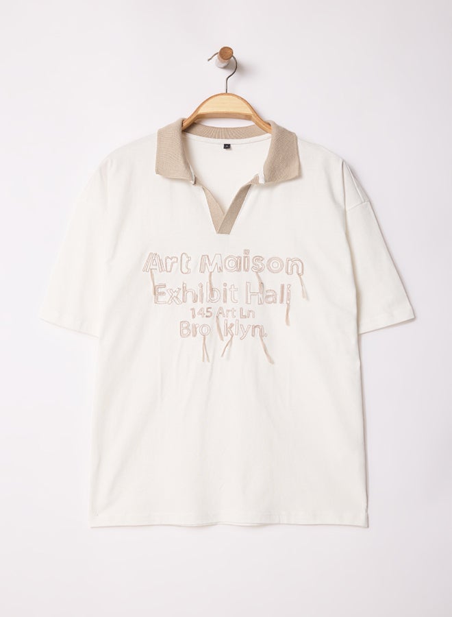 trendyol Limited Edition Ecru Oversize/Wide Cut Special Embroidered Polo Neck T-shirt - Image 4
