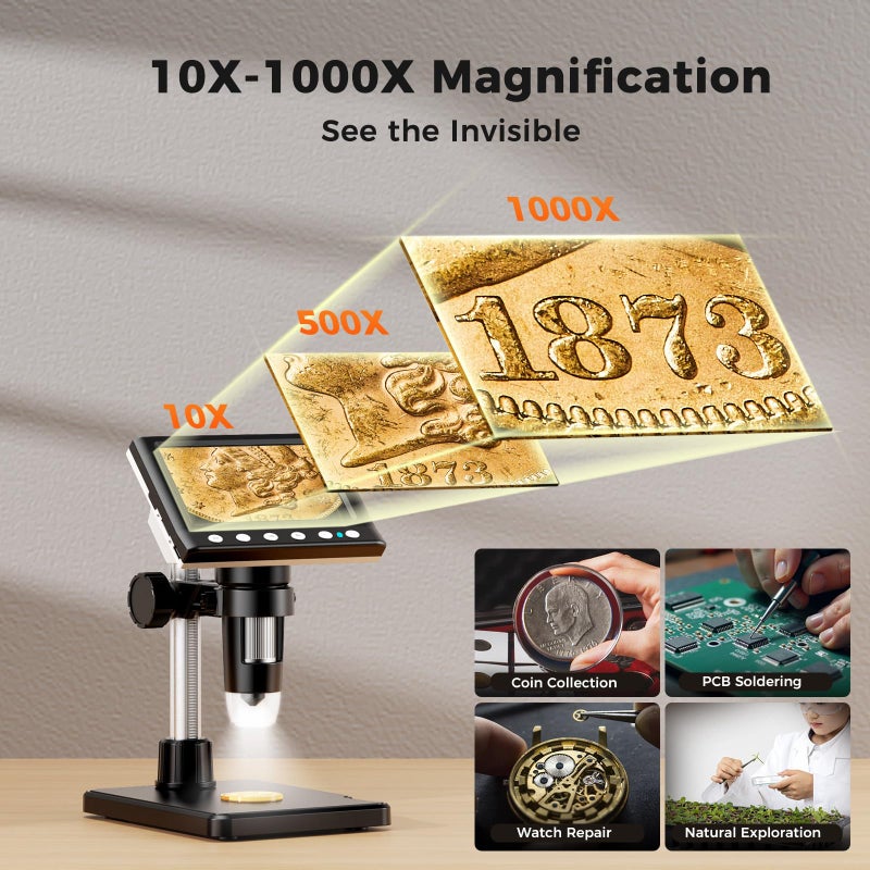 Aikokkl 4.3 Inch LCD Digital Coin Microscope, 1000X USB Magnifier with 8 Adjustable LED Lights for Coin Inspection, Electronics Repair, Soldering, Windows/Mac Compatible, 1080P - Image 2