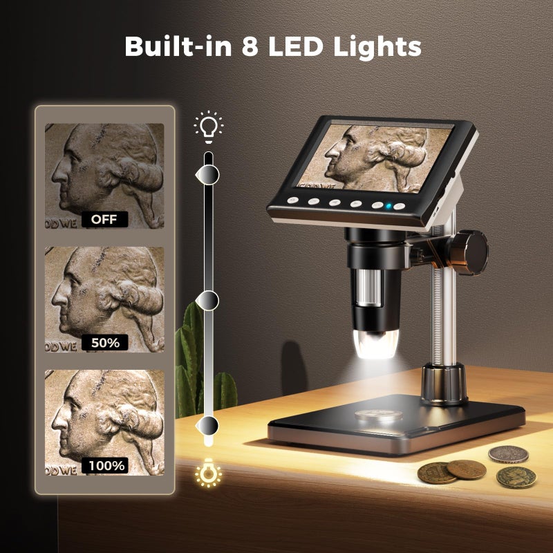 Aikokkl 4.3 Inch LCD Digital Coin Microscope, 1000X USB Magnifier with 8 Adjustable LED Lights for Coin Inspection, Electronics Repair, Soldering, Windows/Mac Compatible, 1080P - Image 4