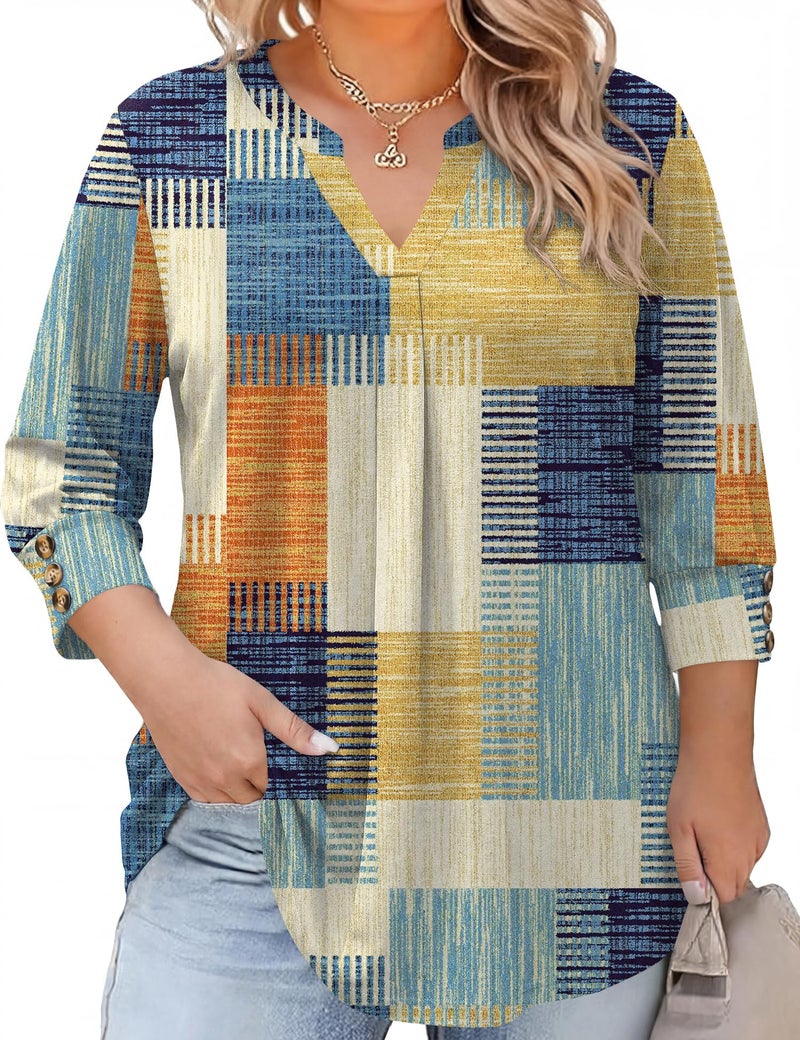 TFSDOD Plus Size Tops for Women Casual Tunic 3/4 Length Sleeve Blouses V Neck Loose T Shirt Spring Tops for Women 3X - Image 1