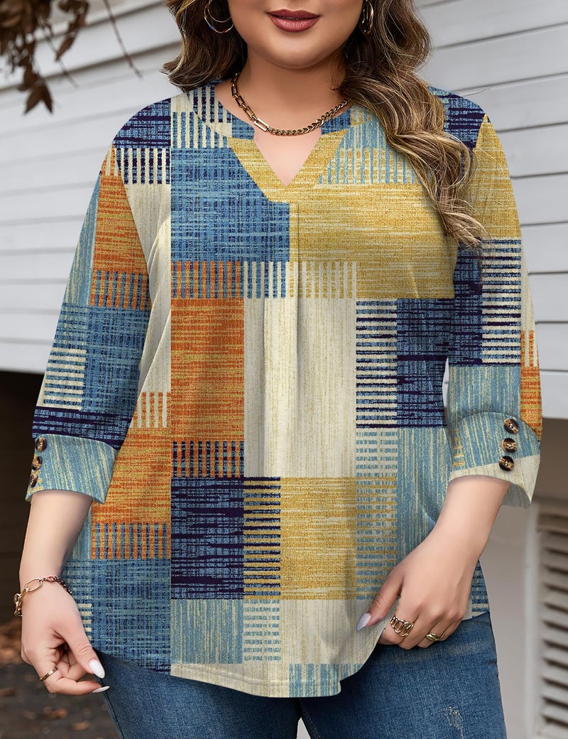 TFSDOD Plus Size Tops for Women Casual Tunic 3/4 Length Sleeve Blouses V Neck Loose T Shirt Spring Tops for Women 3X - Image 2