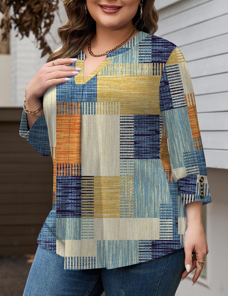 TFSDOD Plus Size Tops for Women Casual Tunic 3/4 Length Sleeve Blouses V Neck Loose T Shirt Spring Tops for Women 3X - Image 3