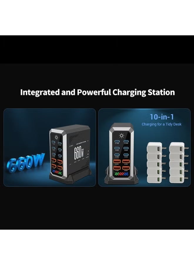 بلو فاير محطة شحن GaN III بقدرة 660 واط – 10 منافذ شحن سريع مع منفذي USB-C بقوة 140 واط، موزع شحن متعدد 6×USB-C و4×USB-A لأجهزة MacBook Pro M4/M3، iPhone 16، Samsung Galaxy، Dell، HP، iPad – شاحن مكتبي ذكي وآمن - Image 5