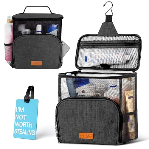 Hiverst Hanging Toiletry Bag, Shower Caddy Tote Bag (Updated Version, Full Size Bottle Compatible), Bath Organizer for College Dorms, Gym, Camp, Women Men, with Funny Luggage Tag - Image 1