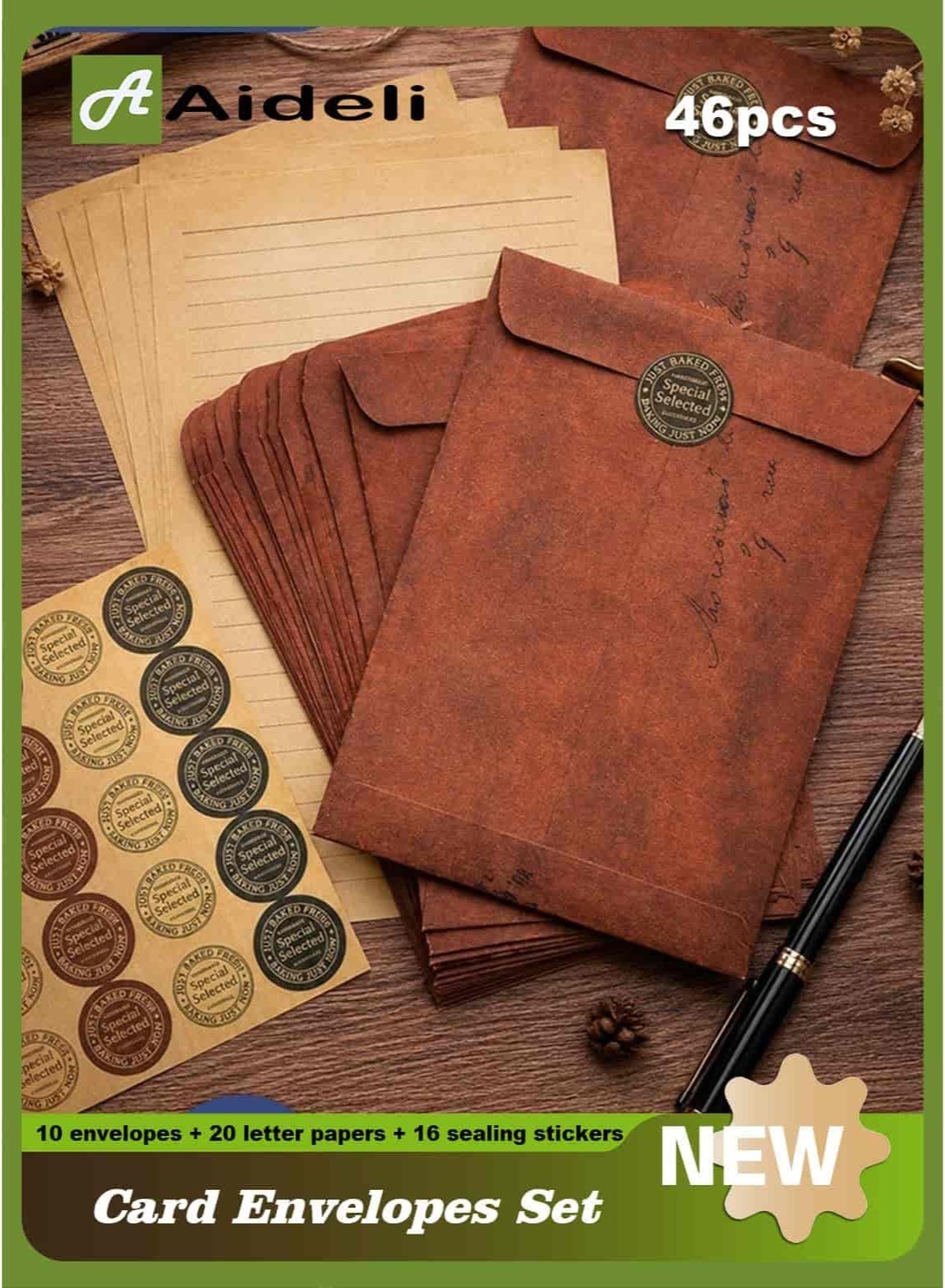 Vintage Kraft Envelope & Letter Writing Set – 10 Envelopes + 20 Writing Papers + 16 Sealing Stickers for Handmade Letters, Invitations & Gifts