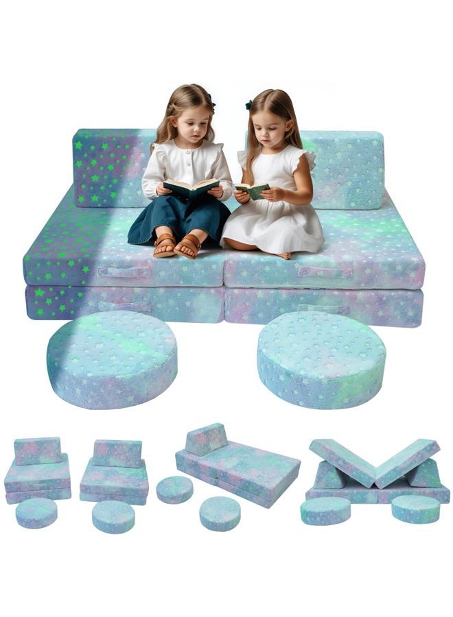 MeMoreCool Toddler Play Couch, 8-Piece Modular Kids Couch Set with Glow in the Dark Colorful Star Design, Convertible Foam Kids Sofa with Washable Plush Cover for Playroom Bedroom, Ages 3+ - Image 1